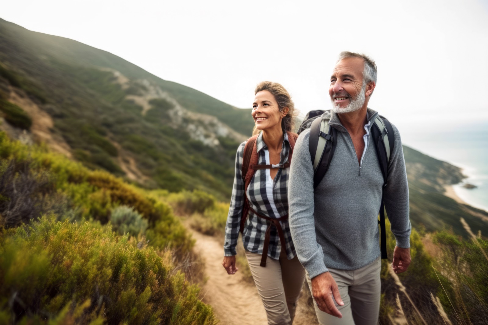 Senior couple admiring the scenic Pacific coast while hiking,